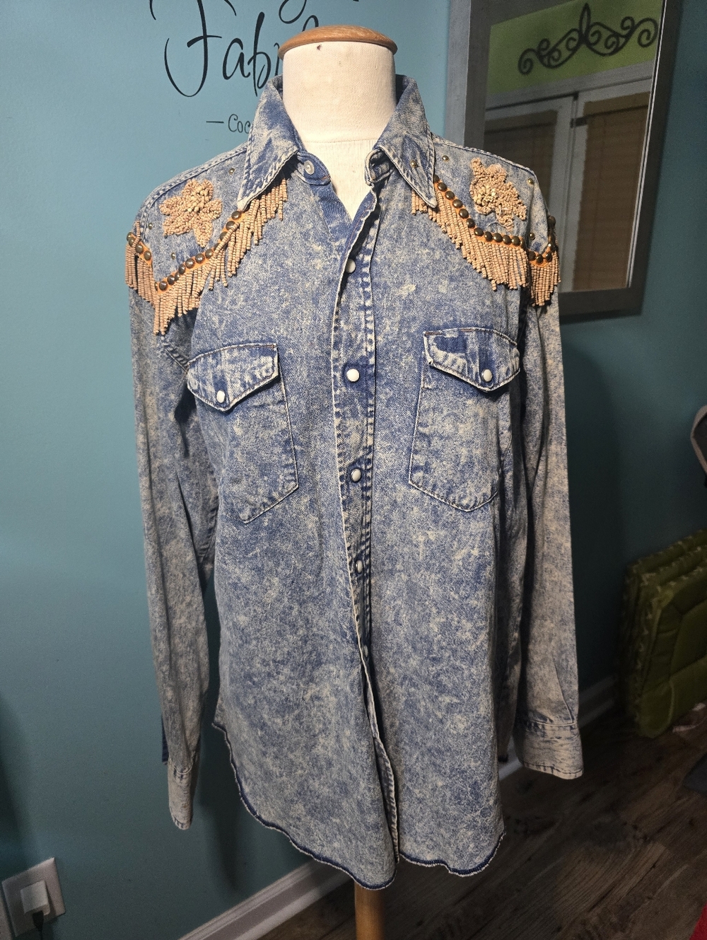 Denim Fringe Western Shirt - Blue with Gold Embellishment